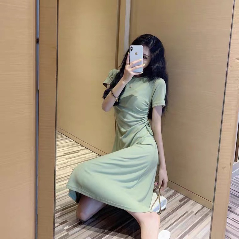 AOFEIQIKE Đầm ngắn tay màu trơn cổ tròn chiết eo phong cách hè 2021 cho nữ