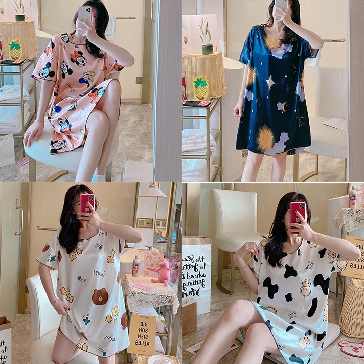 Váy Ngủ Nữ Vải Lụa Bộ Đồ Mùa Hè Mặc Ở Nhà Cộc Tay Dáng Suông Dài Mềm Mát Mỏng Kiểu Hàn Quốc XinhThời Trang VN13