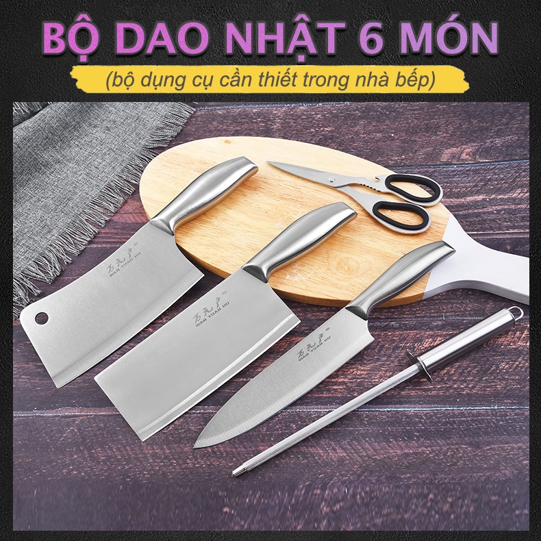 Bộ Dao Kéo 6 Món Hàng Nhật Dùng Chặt Xương, Thái Thịt, Cắt Rau Củ Không Gỉ