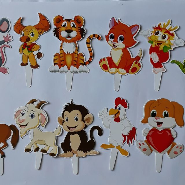 Bộ 240 thẻ cắm 12 con giáp trang trí bánh kem, set cắm 12 con giáp toppercake