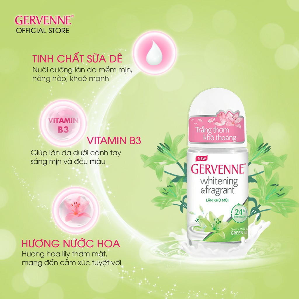 Lăn khử mùi trắng da Gervenne 50ml dưỡng ẩm mịn màng