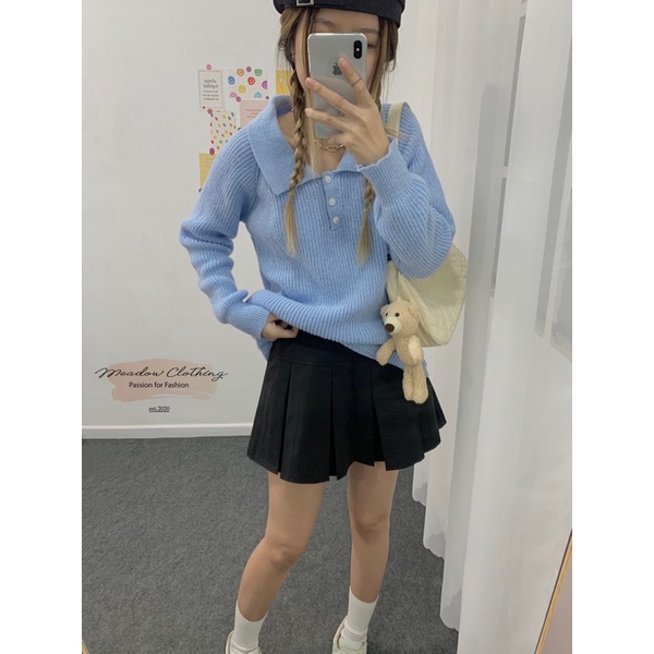 Áo Len polo dày dặn, form rộng tay dài màu xanh, style Hàn Quốc siêu xinh