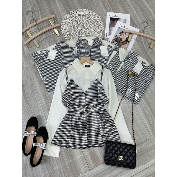 Set 2 món yếm 2 dây kẻ caro thắt eo mix áo sơ mi lụa