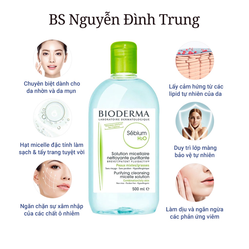 Dung Dịch Làm Sạch Da Và Tẩy Trang Toàn Diện Công Nghệ Micellar Bioderma Sebium H2O 500ml