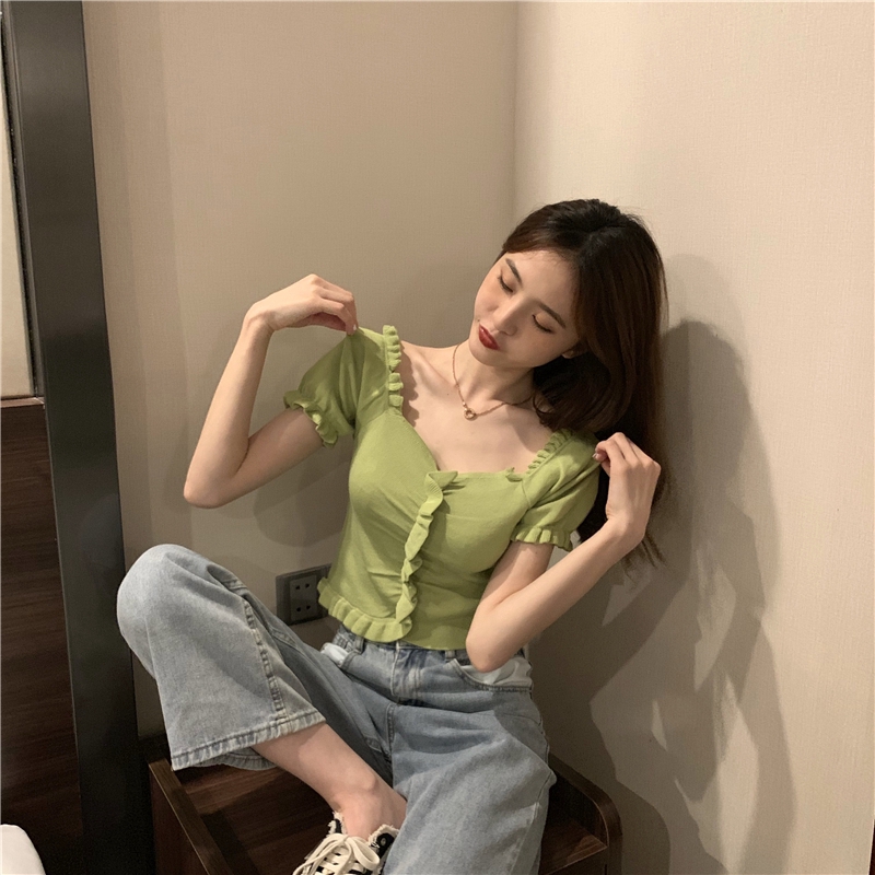 Áo thun SUXI tay ngắn cổ chữ V màu trơn phong cách Hàn Quốc