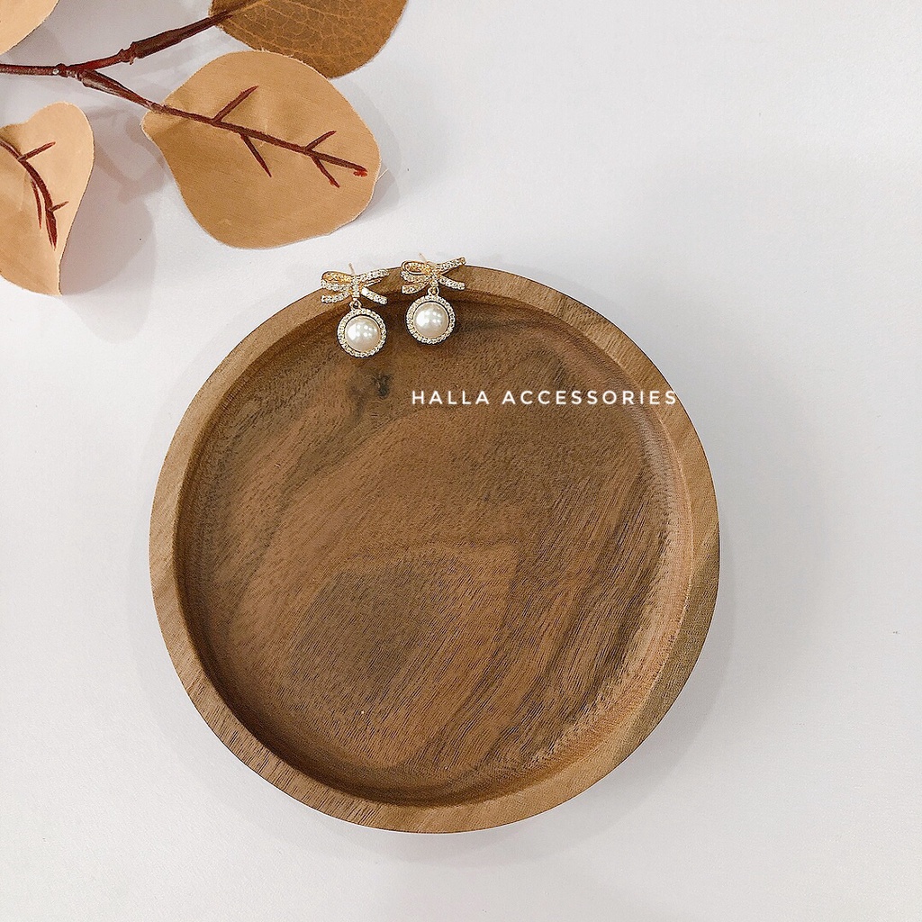 Khuyên tai bạc S925 Hình Nơ đính hạt trai cao cấp HALLA BT130