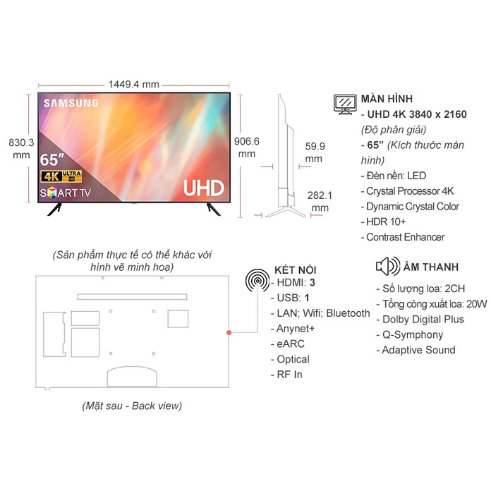 Smart Tivi Samsung 4K UHD 65 Inch UA65AU7000KXXV (Miễn phí giao tại HCM-ngoài tỉnh liên hệ shop)