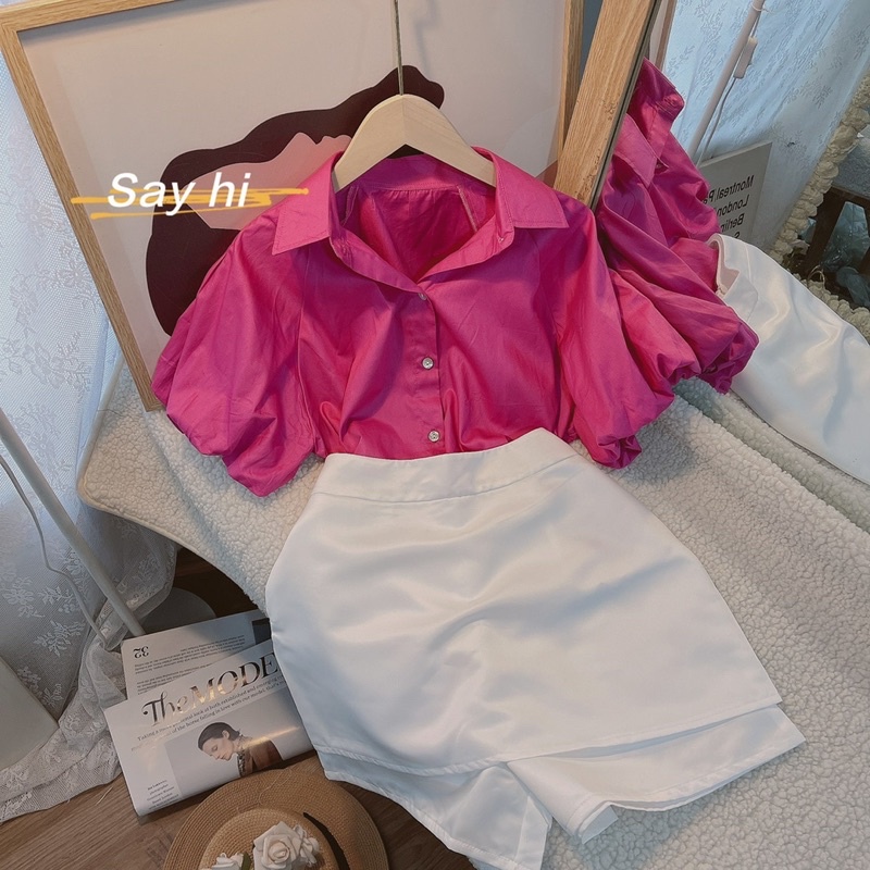 Set áo sơ mi hồng cánh sen tay bo  phồng ngắn kèm quần short giả váy trắng