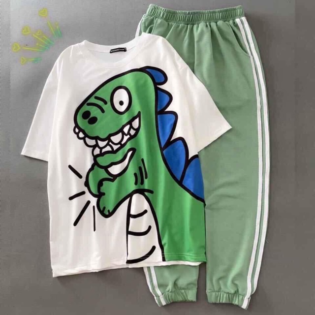 [GIÁ HUỶ  DIỆT]  Set áo khủng long + quần thun xanh 2 sọc unisex (ảnh thật )