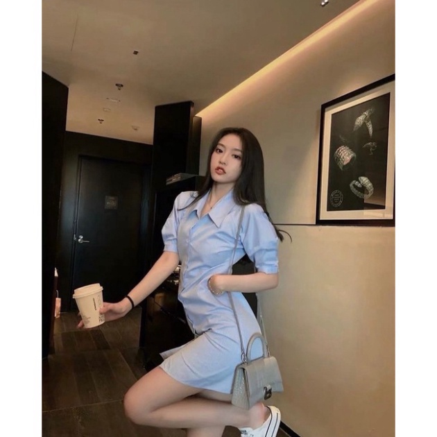 Váy sơ mi nữ ly eo xanh da trời,Váy ngắn cổ bẻ sở mi rhstore