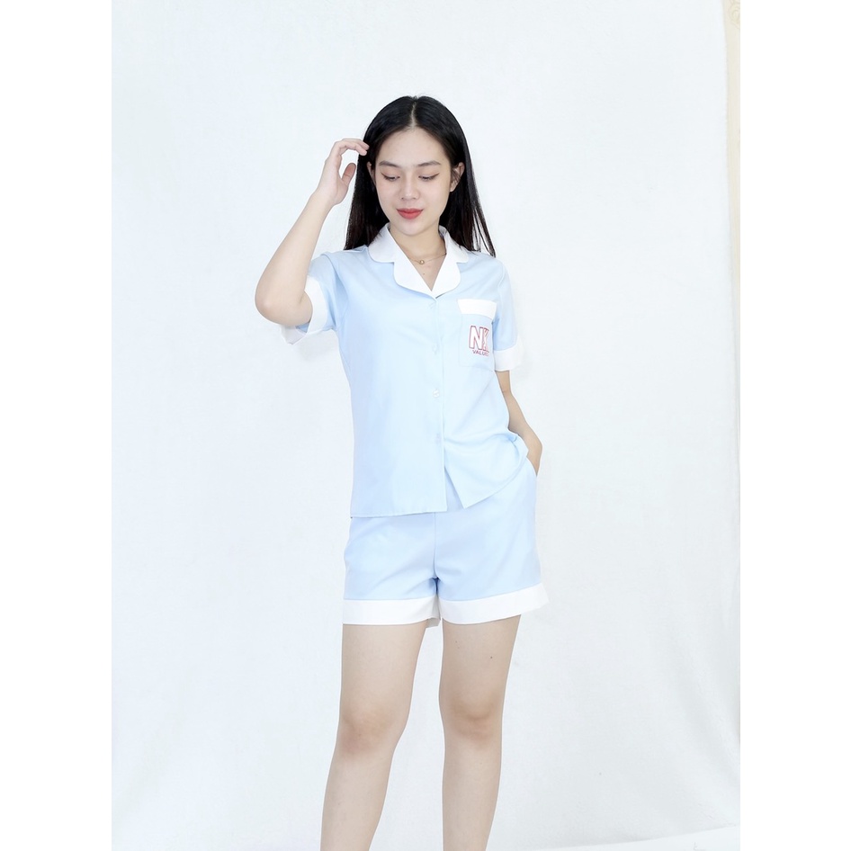 Bộ đồ bộ Pijama màu XANH NGỌC PHA CỔ tay ngắn quần ngắn lụa Pháp - Thoải Mái Nhẹ Nhàng