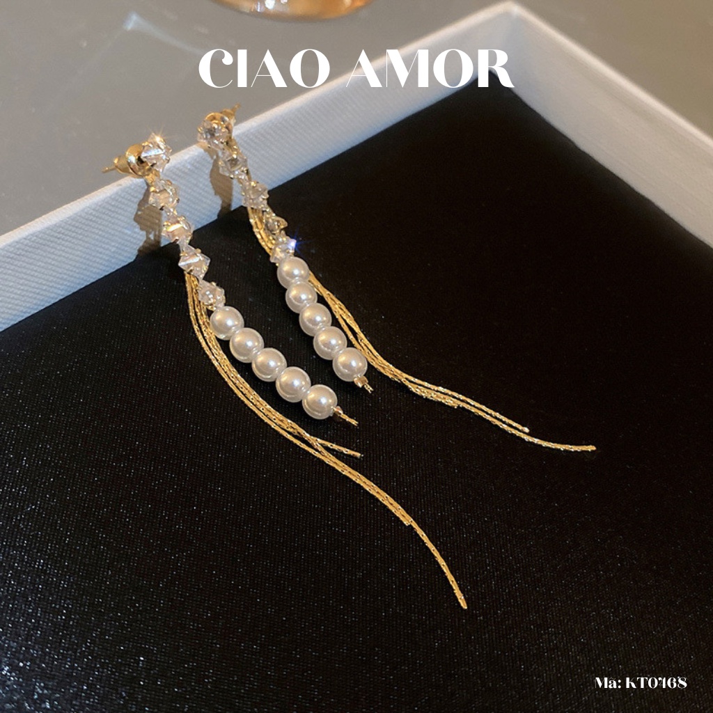 Khuyên tai nữ, Bông tai dài bạc 925 hai mảng dính ngọc bling dự tiệc sang trọng Trang sức Ciao Amor - KT0468