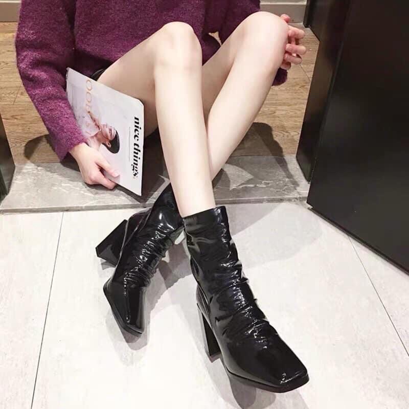 Bốt nữ hot trend cổ lửng gót vuông 7p cổ nhăn da bóng hàng full box loại 1 lót lông
