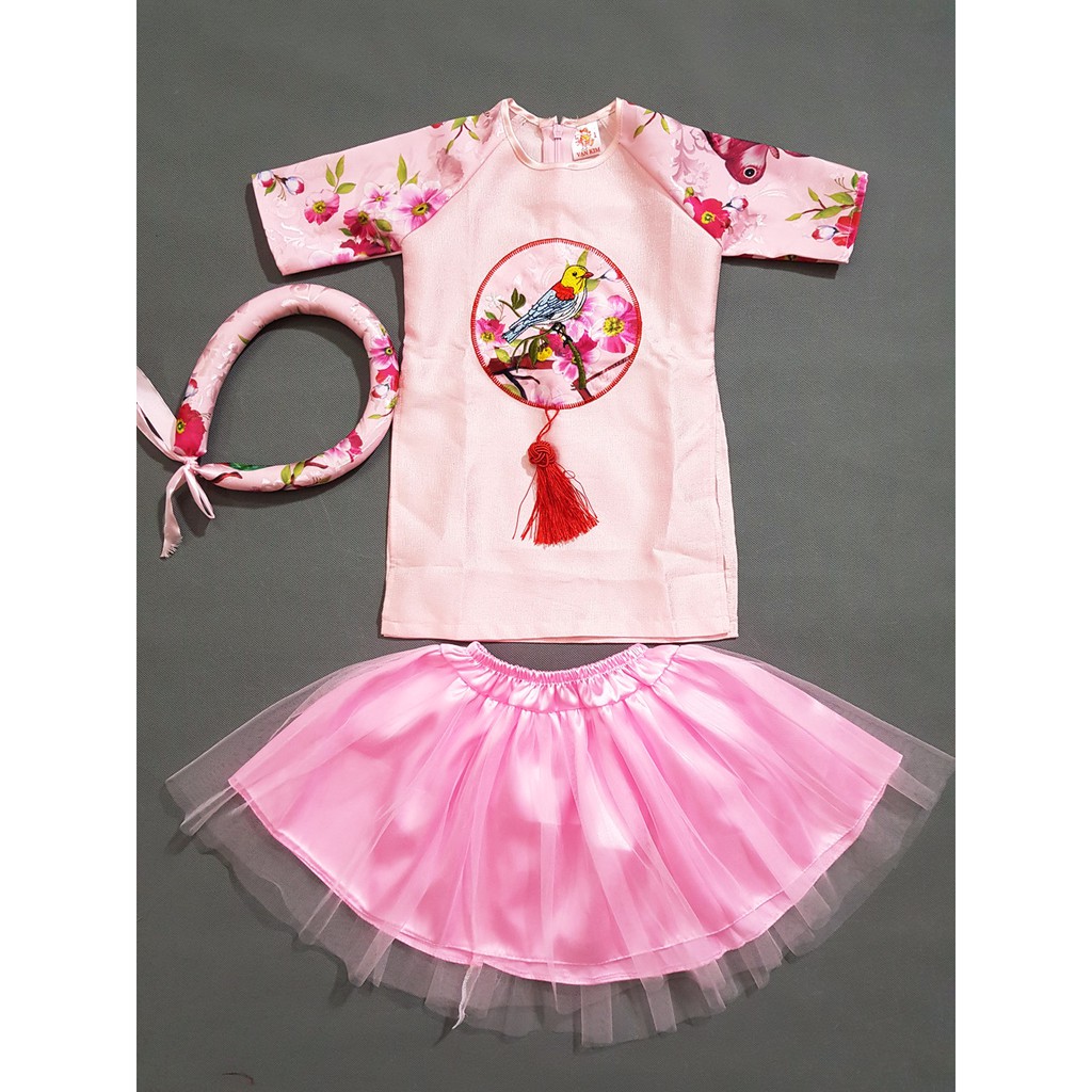 Bộ áo dài váy bé gái thêu chim hoa mùa xuân kèm mấn