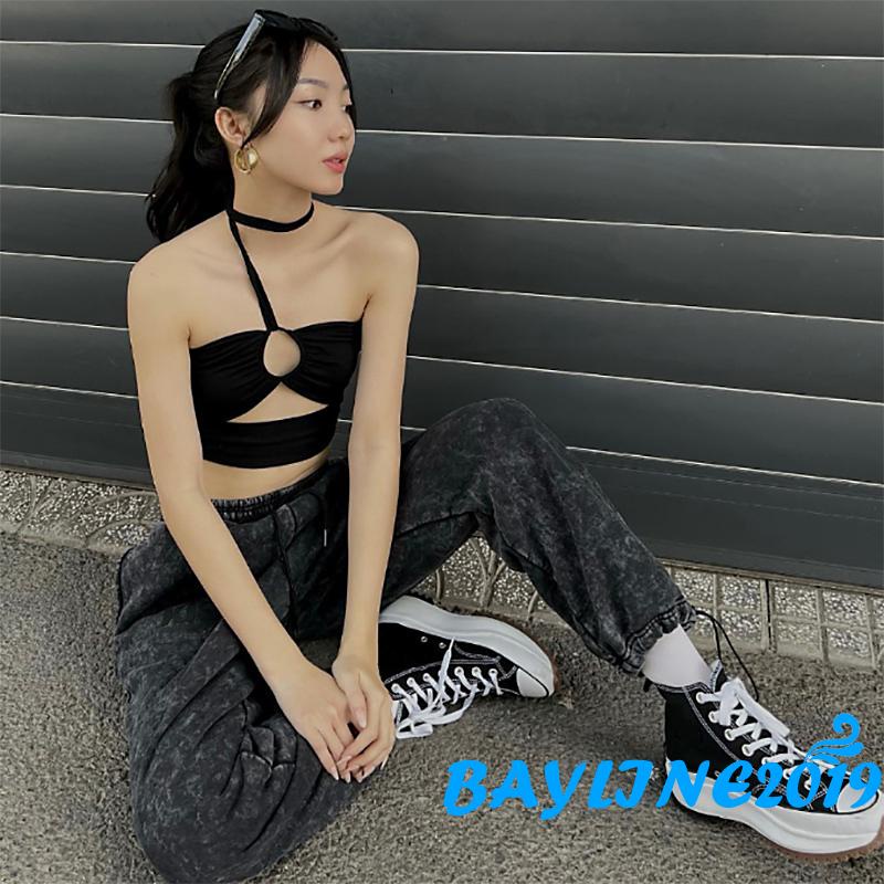 BAY-Women’s Casual Halter Vest Fashion Solid Color Boat Neck Metal Ring Exposed Navel Camisole