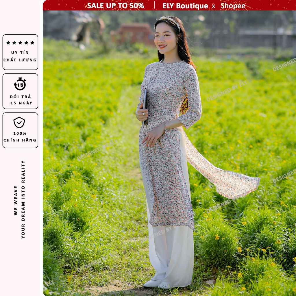 Áo dài cách tân nữ thiết kế đẹp ELY lụa in Nhật hoa nhí tà ngắn cổ kết hạt LHN03