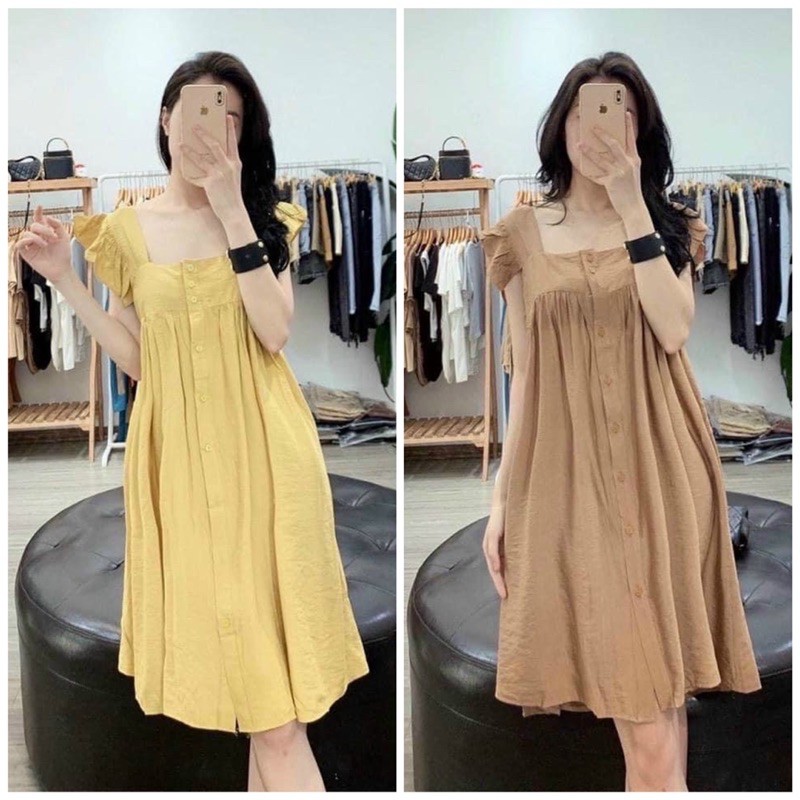 Đầm đũi suông-váy đũi cánh tiên cài cúc cổ vuông hàng bán shop