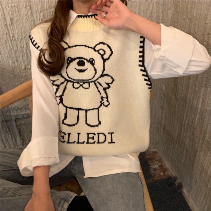 Gile Len Nữ Quảng Châu, Áo Gile Len Form Rộng Unisex Họa Tiết Hình Gấu Cổ Tròn Taobao | BigBuy360 - bigbuy360.vn