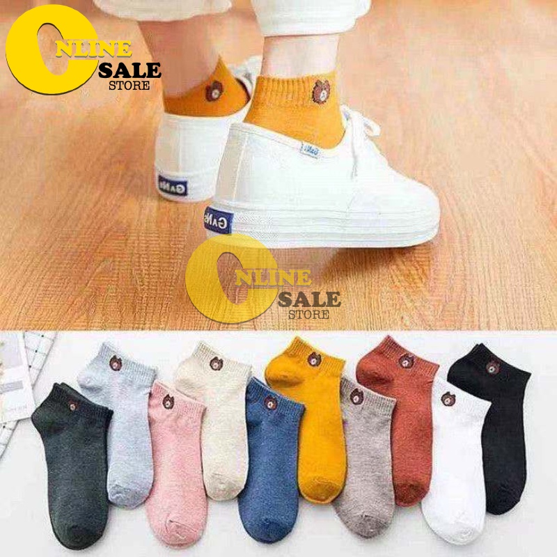 Combo 10 đôi tất vớ nữ gấu cổ ngắn họa tiết Brown Tặng kèm túi đựng