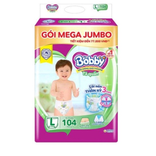 Tã quần gói Mega jumbo bobby cực tiết kiệm lõi nén 3mm siêu mỏng thấm hút size L 104/XL92/XX84 Miếng