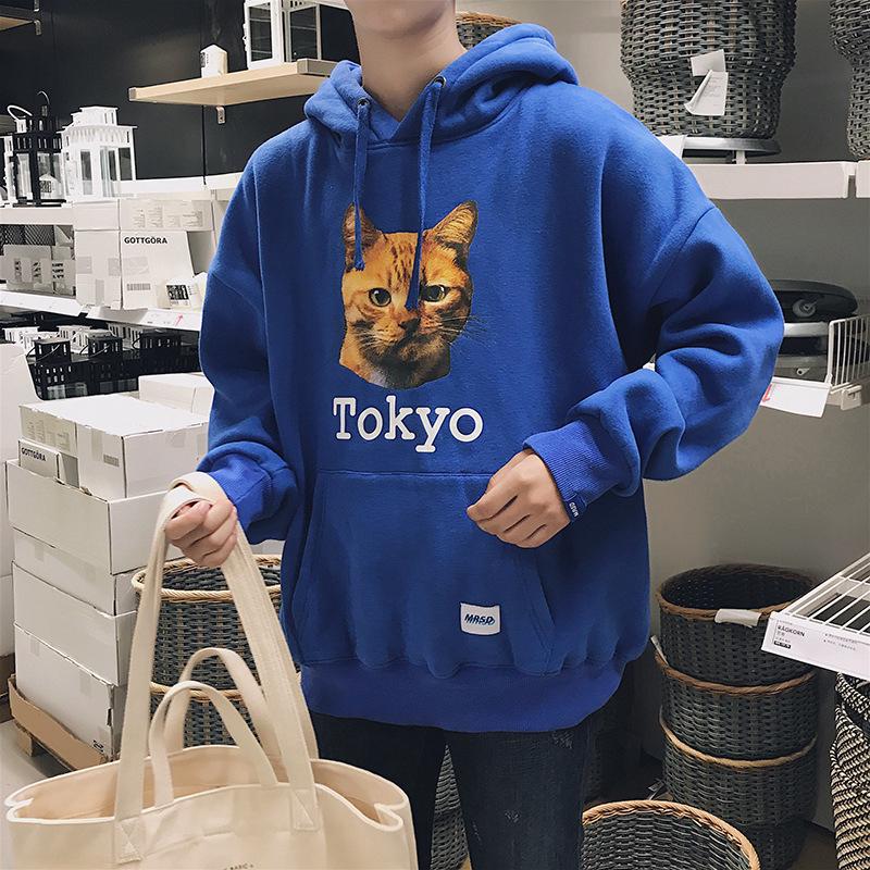 Áo hoodie dáng rộng in hình mèo đáng yêu cho nam