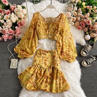 Set váy voan hoa hồng