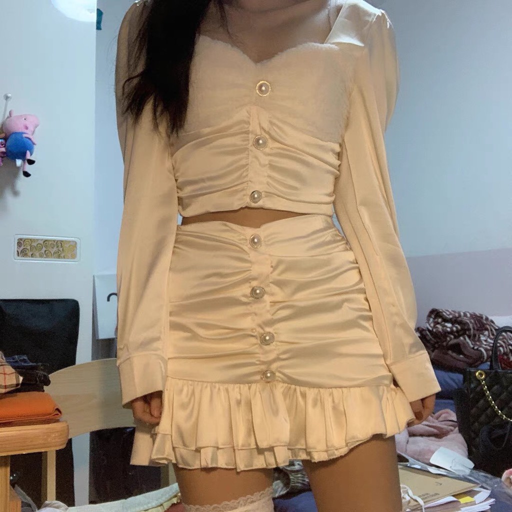 Set áo váy lụa nhún viền bèo dài tay