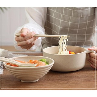 Bộ bát ăn mỳ có quai tặng Nắp + Thìa + Dĩa + Đũa chất liệu lúa mạch Kami20049