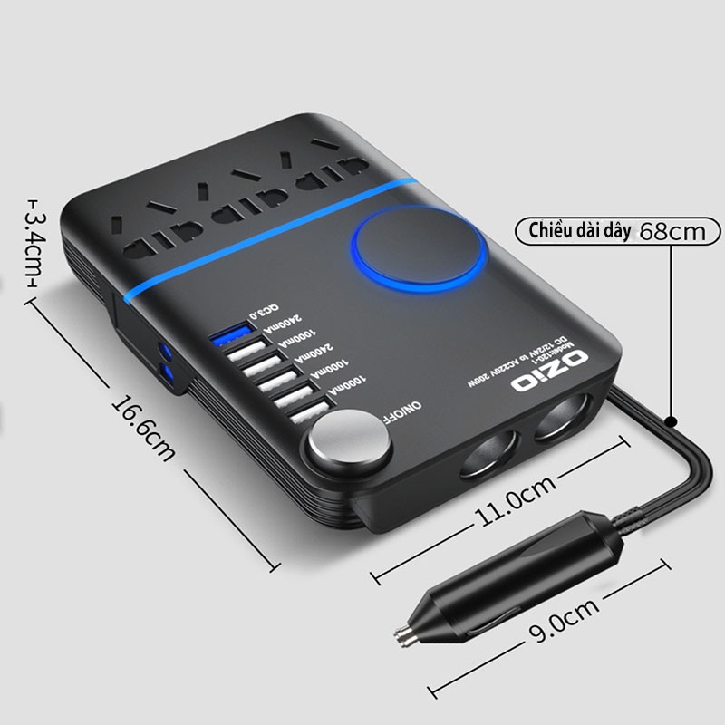 Bộ Biến Tần Ô Tô 12/24V Sang 220V, Bộ Chuyển Đổi Dòng Điện Từ 12V Sang 220 V Công Suất 200W, Hỗ Trợ Sạc Nhanh QC 3.0