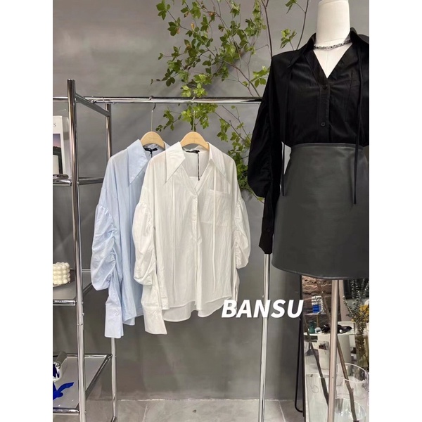 ( Ảnh thật ) K158 Áo sơ mi tay nhún bồng dây cổ