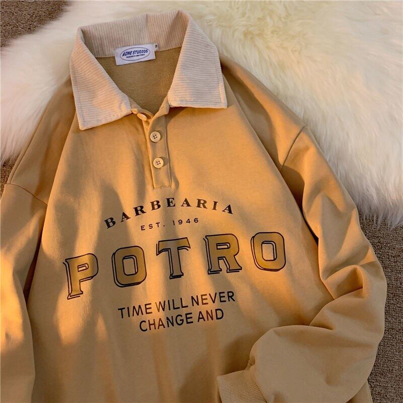 Áo nỉ cổ polo cỡ lớn in chữ phong cách Harajuku cổ điển
