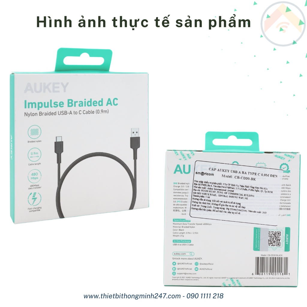 Cáp sạc Aukey CB-CD30 BK Cổng USB ra Cổng Type C dài 0.9 mét màu Đen