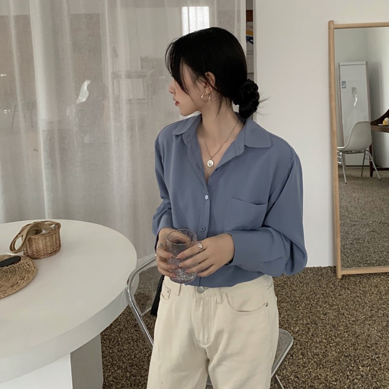 Áo sơ mi tay dài dáng rộng cổ POLO thiết kế trẻ trung cho nữ | BigBuy360 - bigbuy360.vn