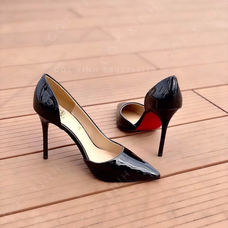 Giày cao gót khoét eo trắng đen nude da bóng cao 7-9-10p