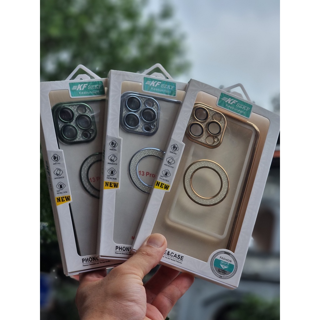 Ốp lưng trong KF viền màu camera + vòng tròn táo đính đá cho iPhone 13, 13 Pro, 13 Pro Max siêu đẹp bảo vệ camera