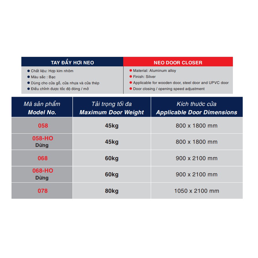 TAY CO THUỶ LỰC CÓ GIỮ CỬA 90 ĐỘ NEO (45-60 KG)