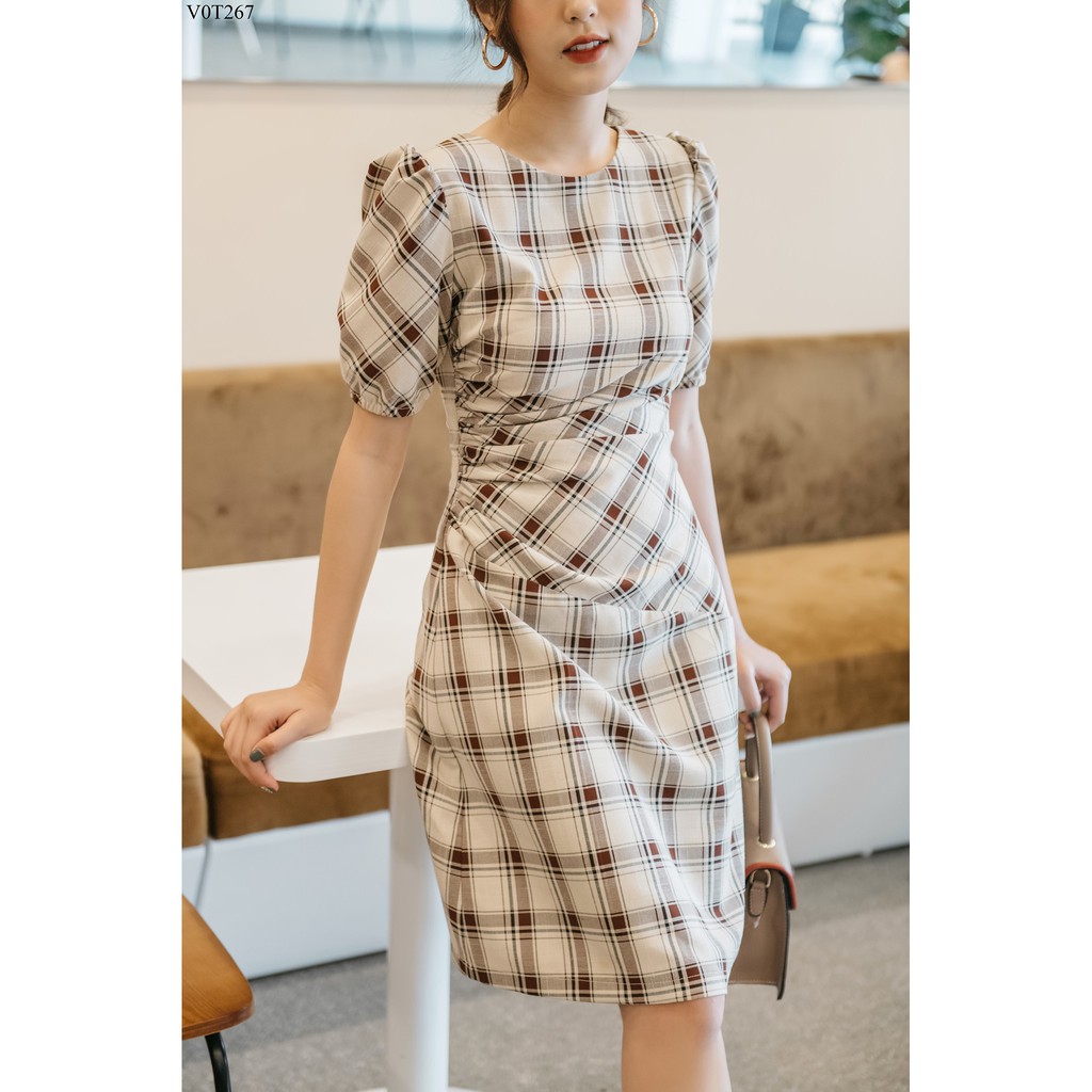 Váy thô đũi kẻ ô xoắn eo cổ tròn tay phồng TIIN STORE V0T267 | BigBuy360 - bigbuy360.vn