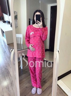 Bộ bầu mặc ở nhà và sau sinh mở ngực cho con bú Pink