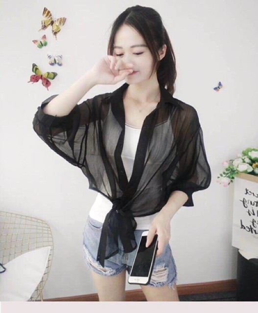 Áo sơmi voan croptop mỏng mặc khoác ngoài