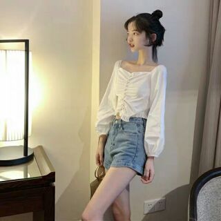 Áo Sơ Mi Cổ Vuông Croptop [ Có ảnh thật order 5 - 7 ngày ]