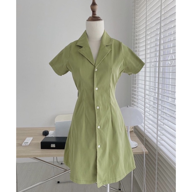 VÁY CỔ VEST 6 MÀU BO CHUN SAU Váy Sơ mi Chiết Eo Lưng Chun Phong Cách Ulzzang