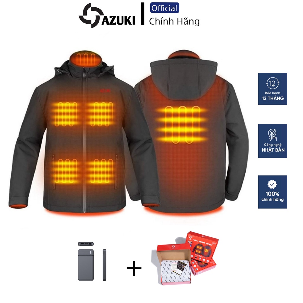 Áo Sưởi Ấm Chạy Bằng Pin AZUKI 2021 Chất Lượng Cao Cấp, Chống Nước Tốt[ Bảo Hành 12 Tháng]