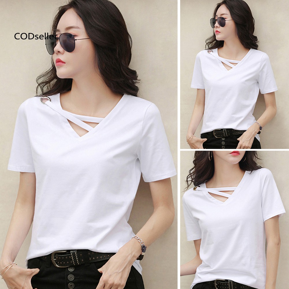 Áo thun cổ V tay ngắn màu trơn thời trang cho nữ