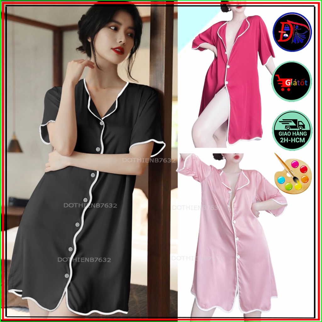 Đầm ngủ lụa satin ⚡️ kèm quần ⚡️ váy mặc nhà tay lở dáng suông sơ mi vải mát ít nhăn dưới 58kg nhiều màu viền trắng