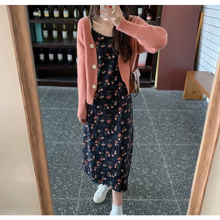 Váy hoa nhí nâu  hai dây nhung tăm phong cách trẻ trung nhẹ nhàng cô nàng tiểu thư