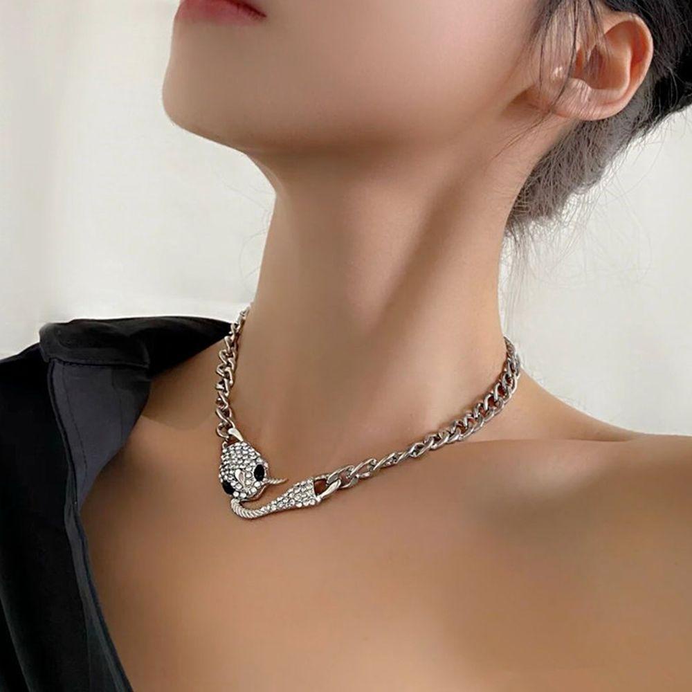 QQMALL Vòng cổ Hình Rắn Đính Đá Phong Cách Hip Hop Đường Phố Hàn Quốc Cho Cặp Đôi