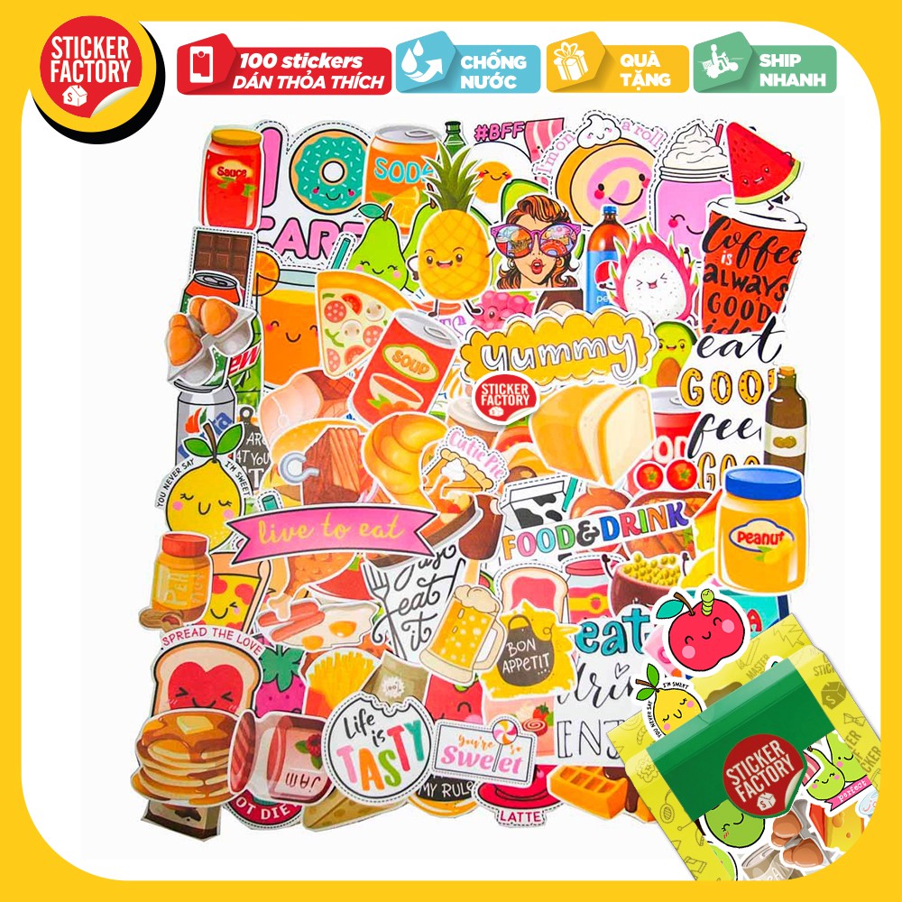 Food and drink - hộp set 100 sticker decal hình dán nón bảo hiểm , laptop, xe máy, ô tô - STICKER FACTORY