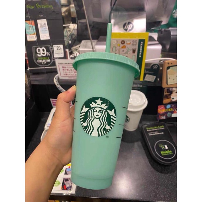 Sét 5 cốc nhựa Starbucks đựng nước đổi màu tặng kèm nắp và ống hút . .