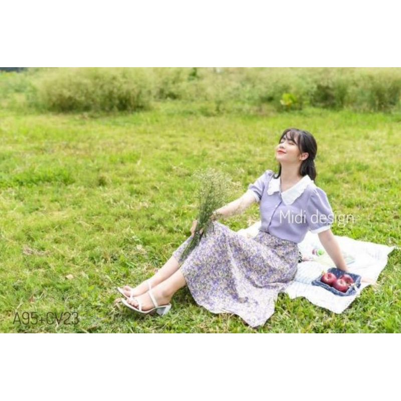 [ FREESHIP 50K ] - Set áo sơ mi trắng  chân váy xòe xếp ly hoa nhí