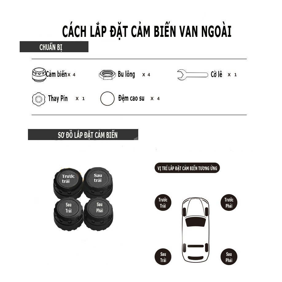 [Mã LIFEAU01 giảm 10% tới 50k đơn 150k] Cảm biến áp suất lốp TPMS, van ngoài,màn màu, pin mặt trời - Better Car